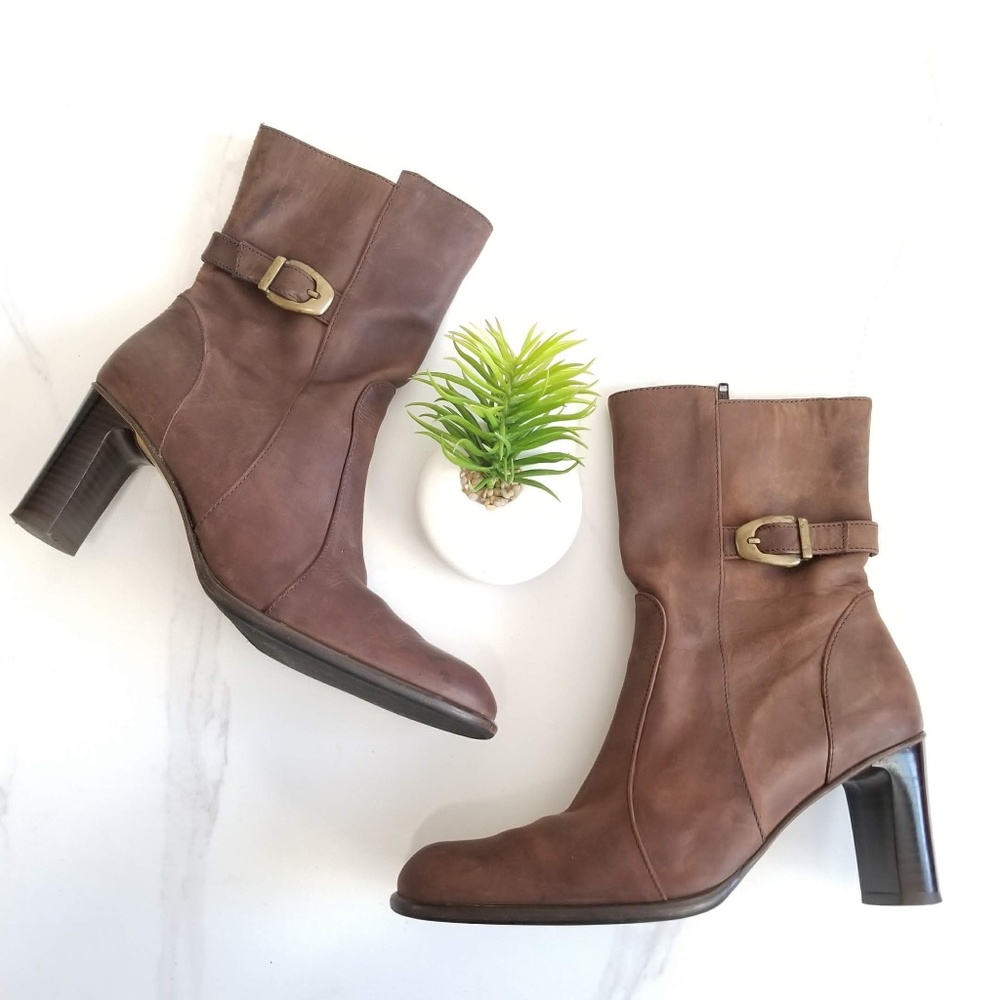 ZITA MARIA Dress Boots Brown Leather Ankle Zip Up Buckle Strap Heels Italy Made